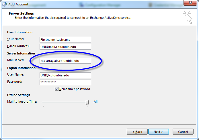 Server settings screen with Mail Server field completed and circled