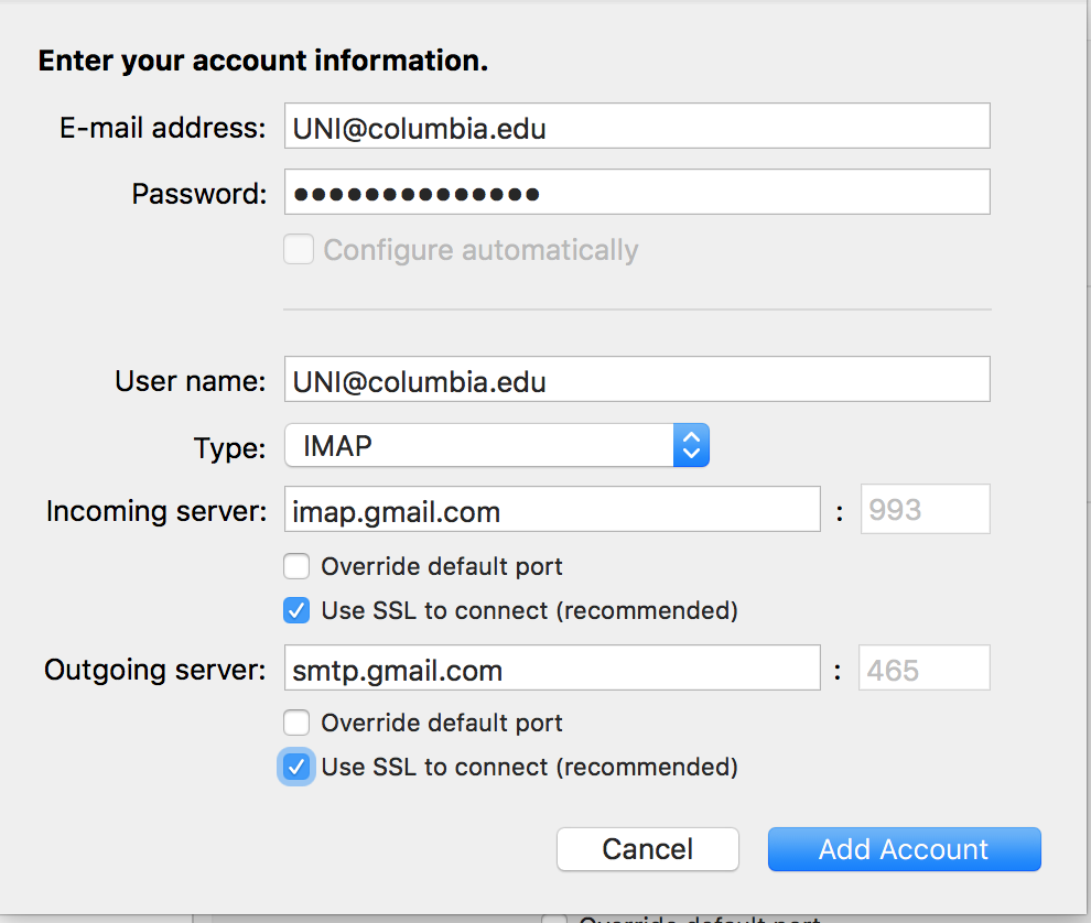 Enter your account information screen with fields completed