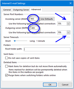 Internet E-mail Settings window, Advanced tab, with information from Step 6 completed
