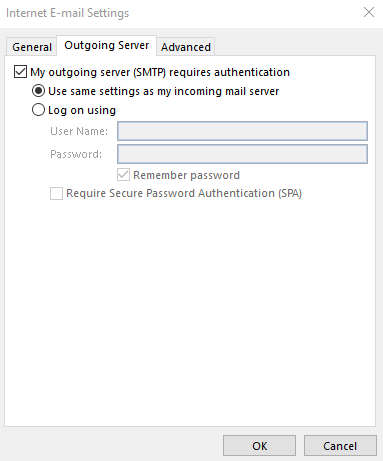 Internet E-mail Settings window, Outgoing Server tab, with information from Step 5 completed
