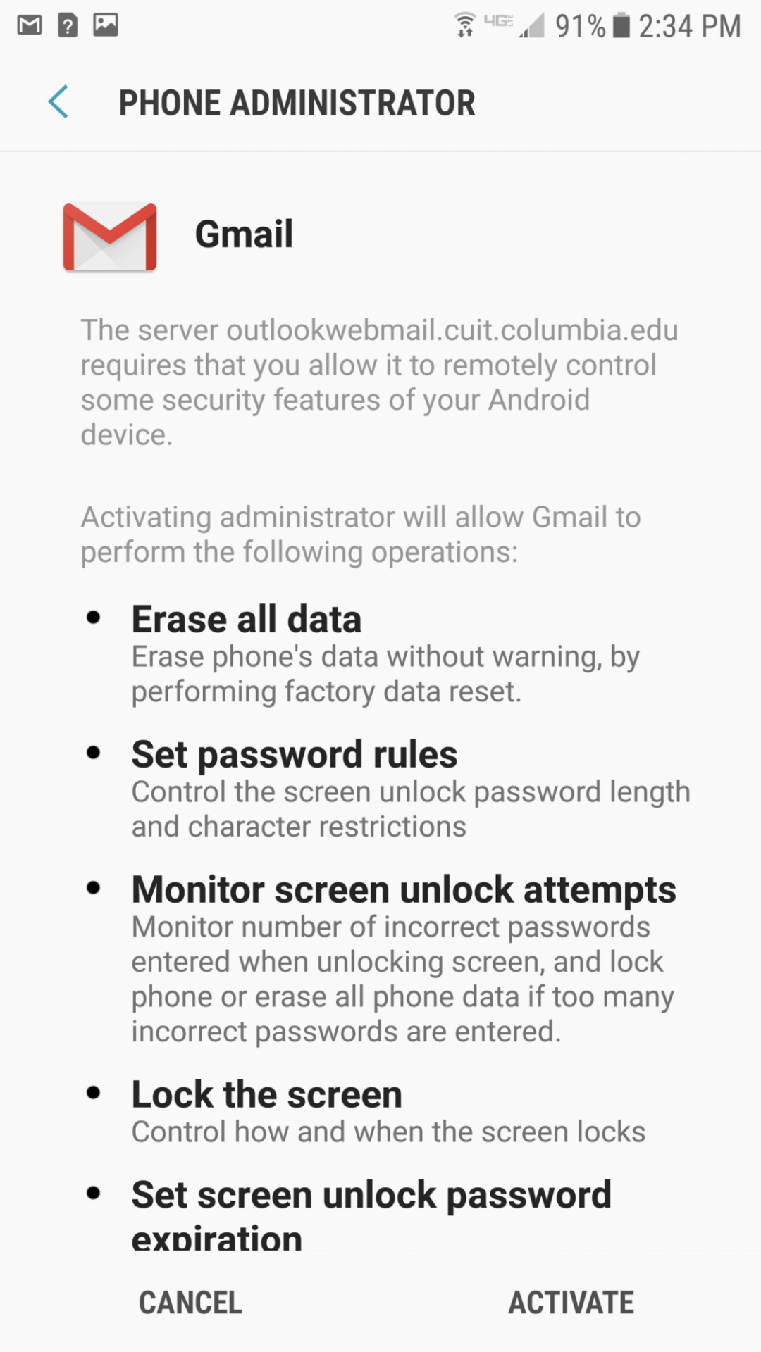 Phone administrator screen