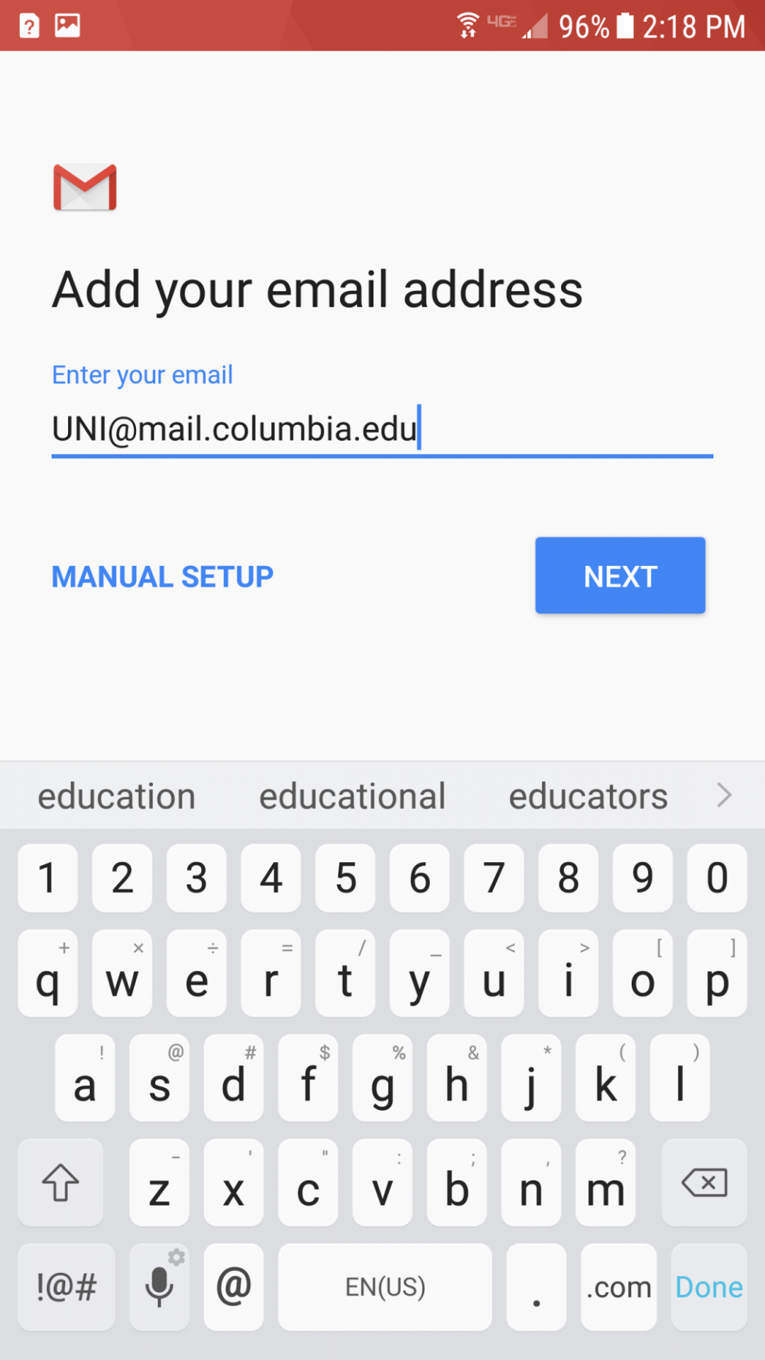UNI@mail.columbia.edu entered in email field
