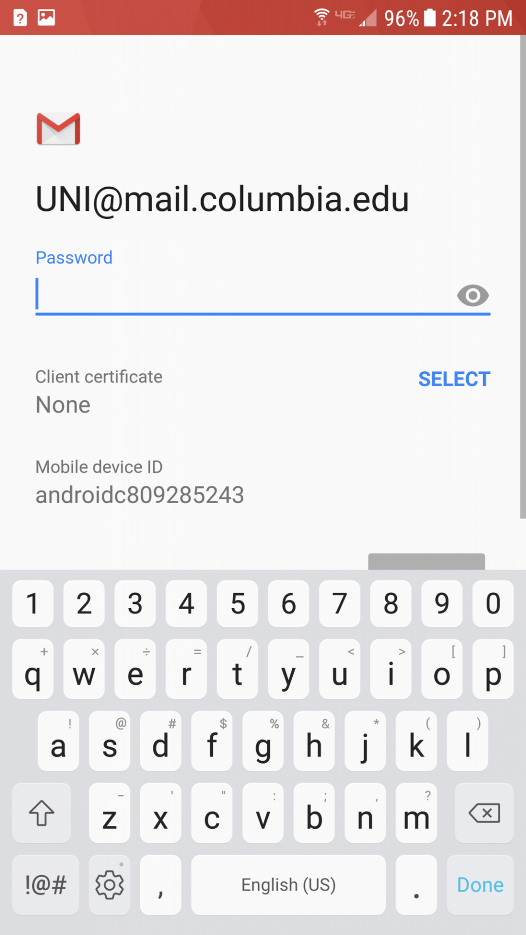 Mail screen with Password field