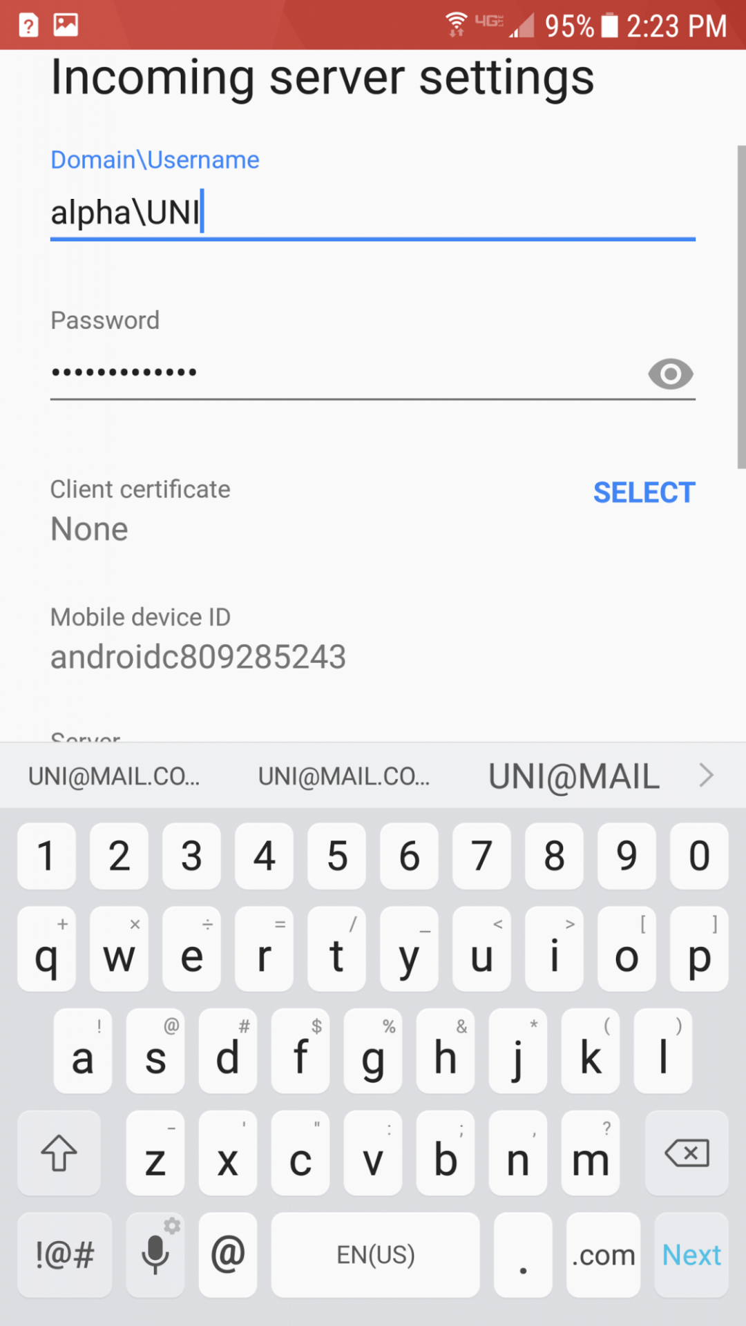 Incoming server settings screen with fields filled out as detailed in step 9