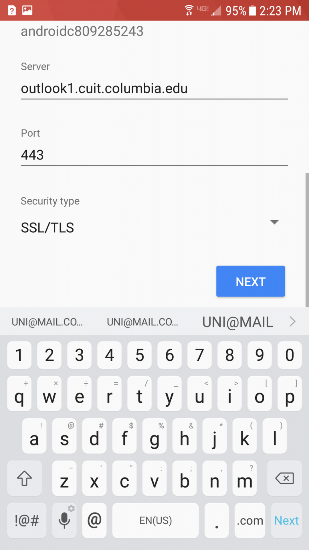 Incoming server settings screen with fields filled out as detailed in step 9