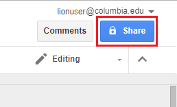Share button is found in the upper-right corner of any Google Doc, Sheet or Slide