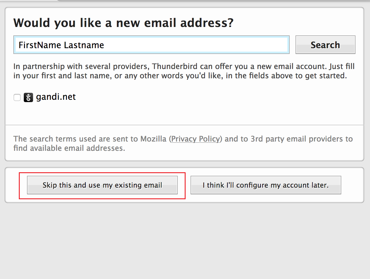 Would you like a new email address? box with Skip this and use my existing email button circled