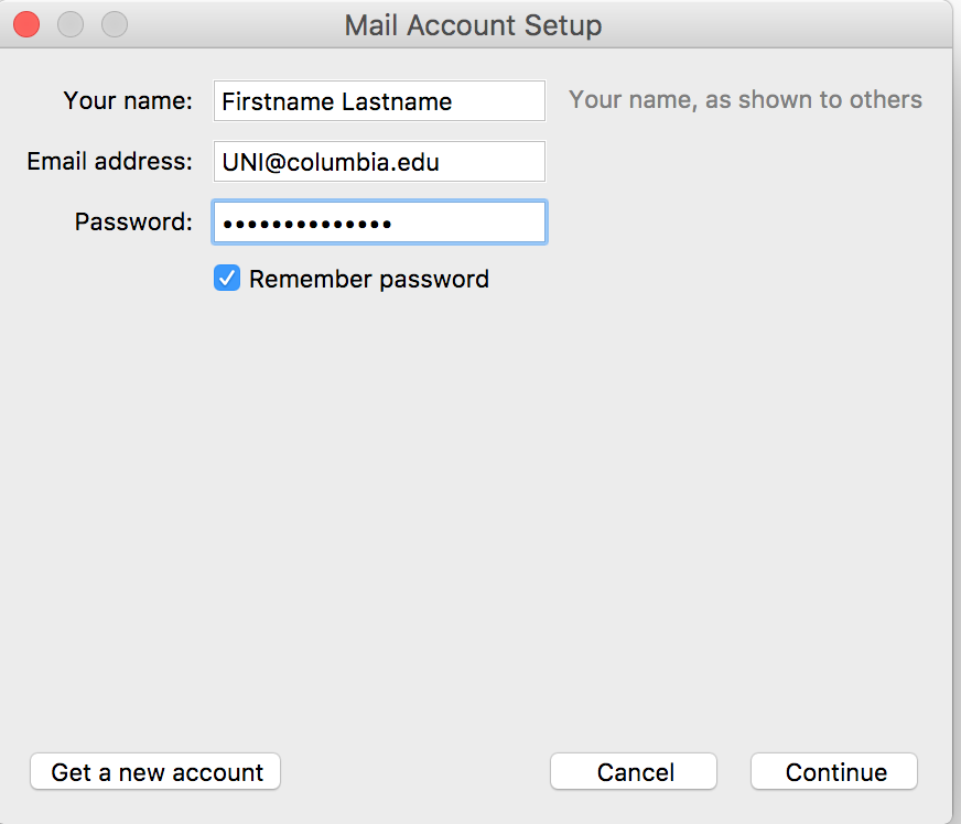 Mail Account Setup window with Email address and Password fields filled in