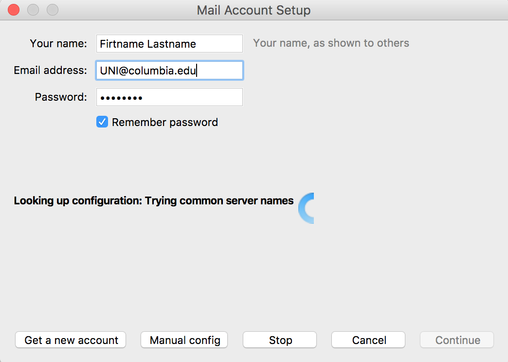 Mail Account Setup window with "Looking up configuration. Trying common server names"