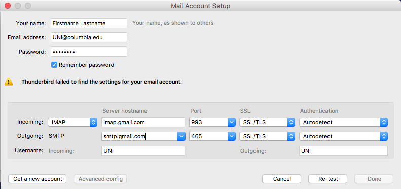 Mail Account Setup window with "Thunderbird failed to find the settings for your email account"