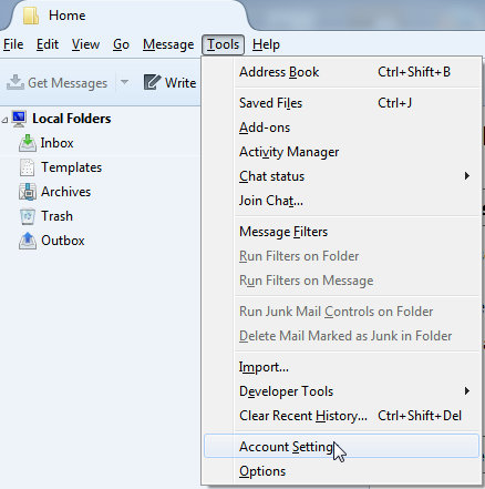 Tools menu extended, Account Settings selected