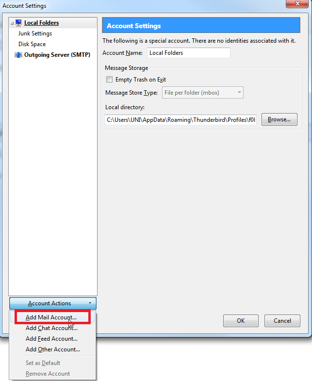 Account Settings window, Account Actions menu extended, Add Mail Account selected