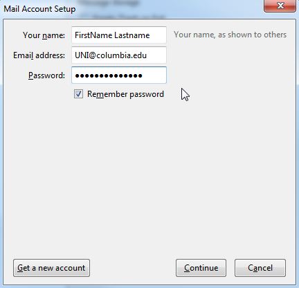 Mail Account Setup window, with name, email and password fields completed