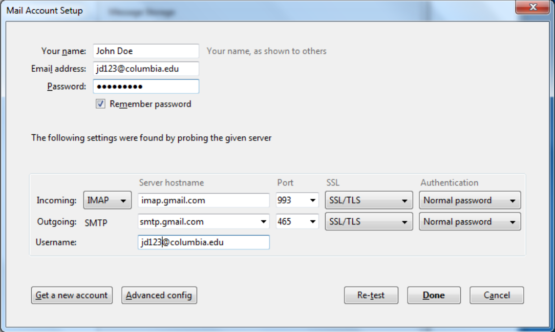 Mail Accoutn Setup window with information from Step 7 entered in fields