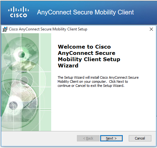 Welcome screen featuting Cisco AnyConnect Secure Mobility Client Setup