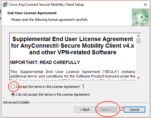 check on "I accept the terms in the license agreement" to proceed