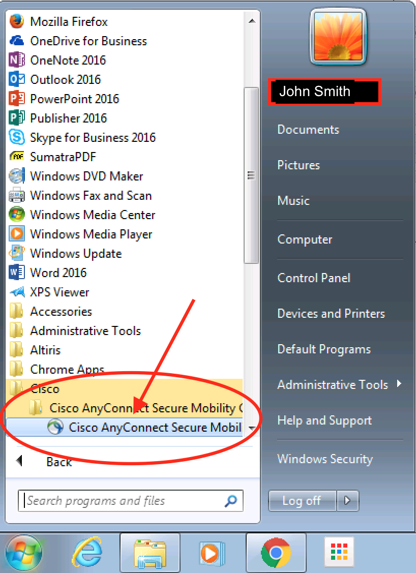 screenshot of a Window Program screen where Cisco AnyConnect Secure Mobility is highlighted