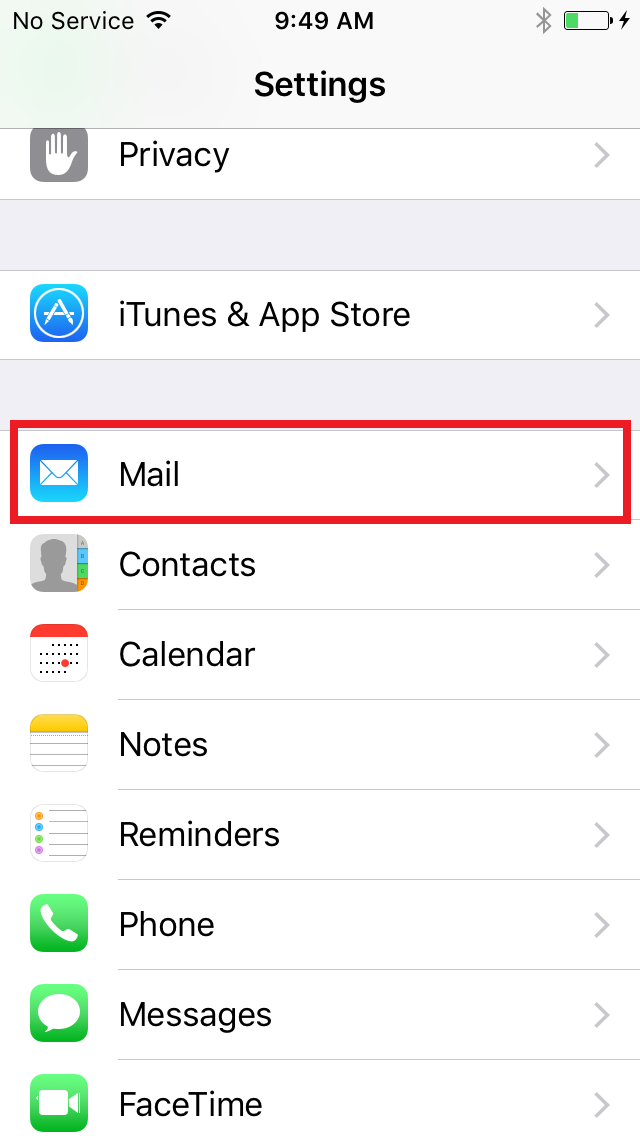 Settings screen with Mail button circled