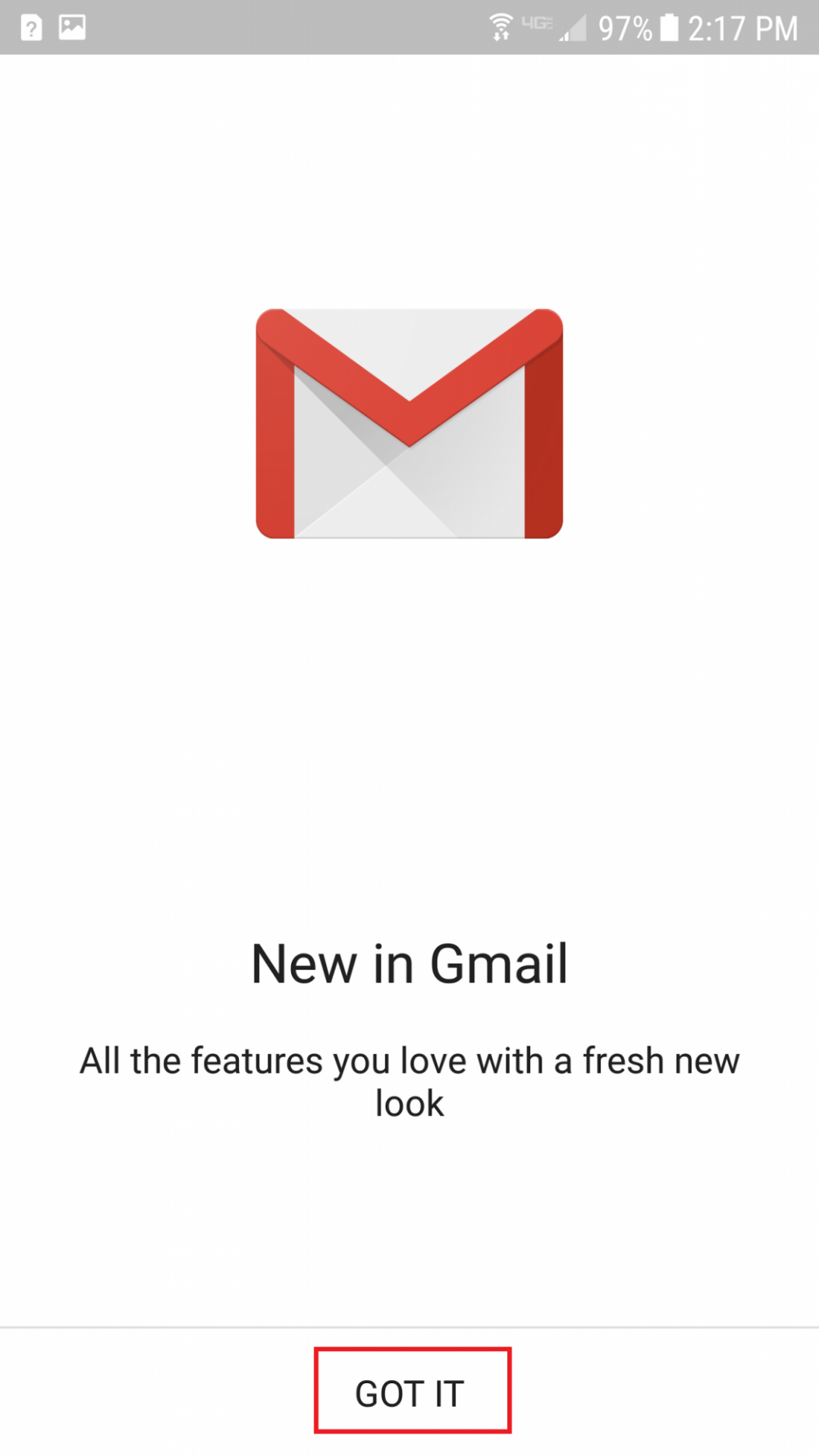 New in Gmail screen with GOT IT button at bottom