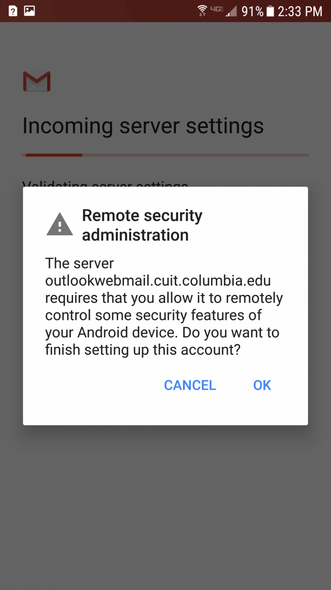 Remote security administration pop-up